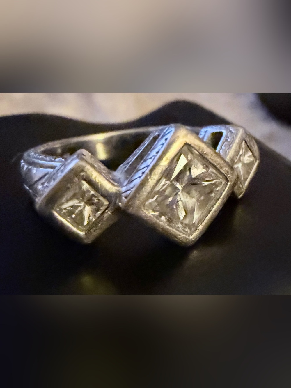 14k Gold Handcrafted 3 Diamond setting 1930’s Inspired Chevron Engagement Ring